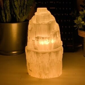 Natural Selenite Tower Crystal Lamp, Iceberg Light Made in Morocco - 6” Tall